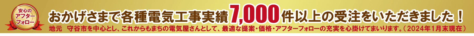 おかげさまで工事実績7,000件以上の施工実績　茨城県守谷市の電気工事店　有限会社福田電子